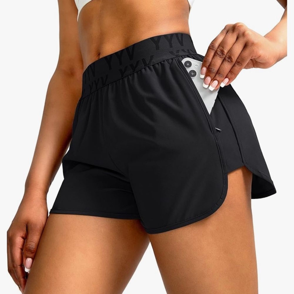 Black Athletic Shorts with Elastic Waistband and Dolphin Hem. EUC